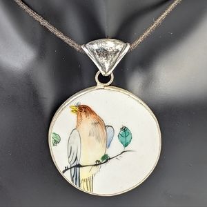 Vintage/Antique Broken China Repurpose With sterling Hand painted Bird Pendant